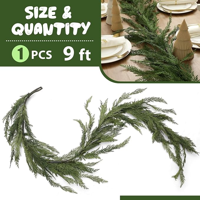 Jutom 1 Pcs 9 ft Christmas Cedar Garland - Artificial Realistic Faux Greenery Cedar Pine Garland for Home Fireplace, Door, Window, Indoor & Outdoor Christmas Party Decoration