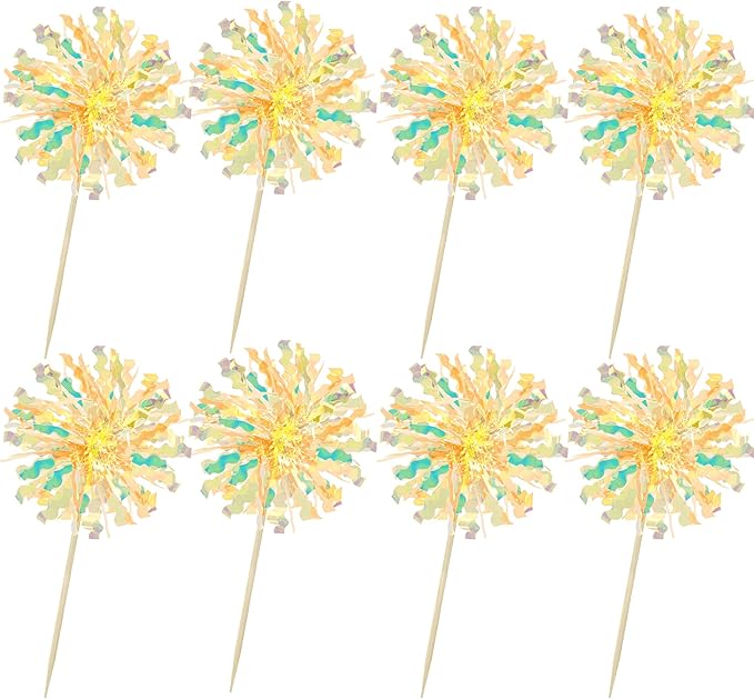 Ephlyn 30Pcs Foil Firework Cupcake Toppers Sparkle Tinsel Drink Birthday Cake Decorations Cocktail Food Fruit Toothpick for New Years Wedding Birthday Party Decorations Yellow