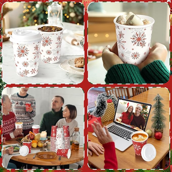 200Set Christmas Paper Cups with Lids 12oz, Bulk Disposable Winter Red Snowflake Cups Coffee Cups, Holiday Paper Cups for Hot Chocolate Cold Drinks Christmas New Year Winter Party Supplies Decorations