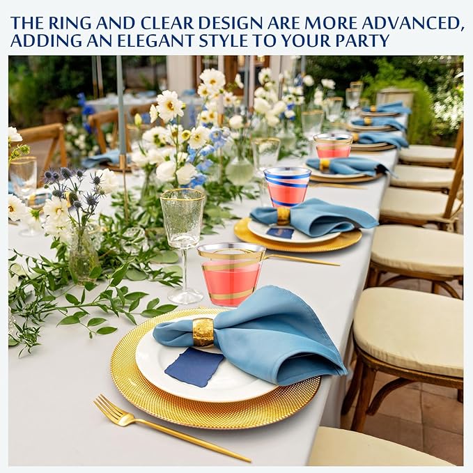 Gejoy 9 oz Rimmed Swirl Plastic Cups Disposable Wine Drinking Cups Clear Elegant Halloween Tumblers for Christmas Party Supplies(Gold, Blue,100 Pcs)