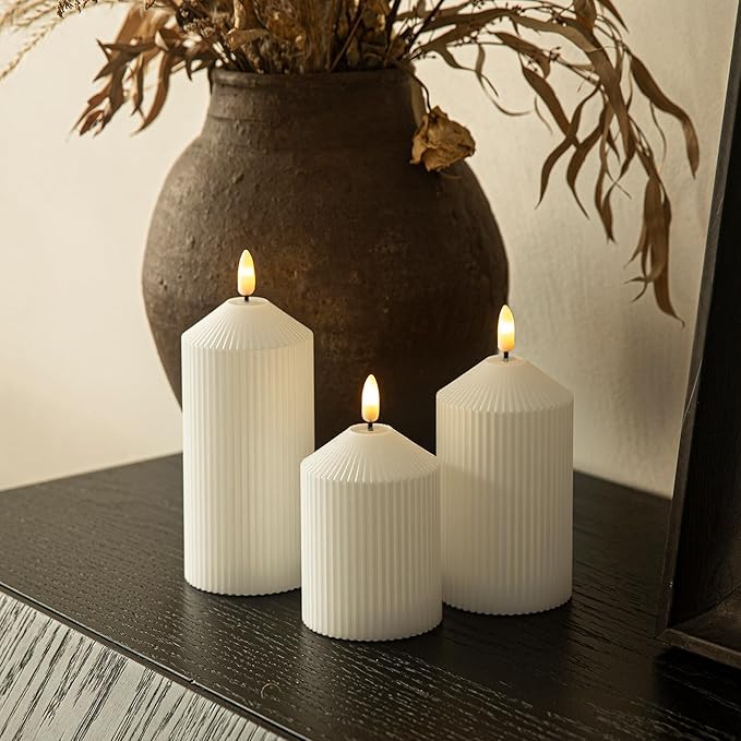 Flameless Candles with Remote, 3 Pack Battery Operated Candles Flickering Real Wax LED Fake Pillar Candles with Timer for Wedding Home Party, White