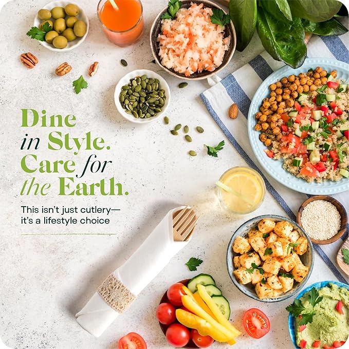 Pre Rolled Napkin and Bamboo Cutlery Set - 100 Pack Bamboo Utensils Wooden Cutlery 100 Forks 100 Knives 100 Spoons 100 Napkins, Pre Wrapped Disposable Silverware Cutlery for Party, Wedding, Events