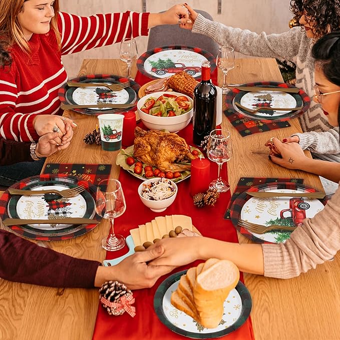 ANALIM 350 PCS Christmas Disposable Paper Dinnerware Set Includes Dinner Plates, Dessert Plates, Cups, Napkins, Knives, Forks, Spoons for Christmas Party Supplies