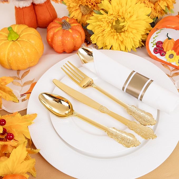 Liacere 400PCS Gold Plastic Silverware - Pre Rolled Napkins Disposable Gold Plastic Cutlery-Premium Quality Utensils-Includes 100Forks,100Knives,100Spoons,100 Napkins & Wedding & New Year