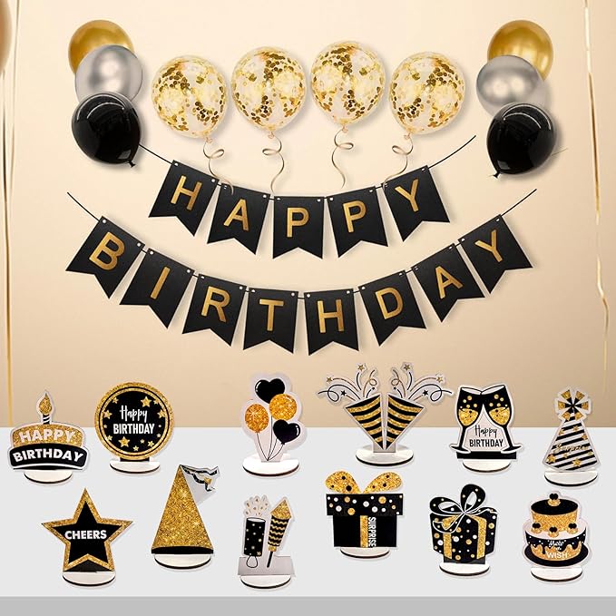 Happy Birthday Table Decorations & Centerpieces - 12-Piece Black & Gold Wooden Glitter Party Decor Set | Elegant & Reusable Birthday Supplies for Men, Women & Kids