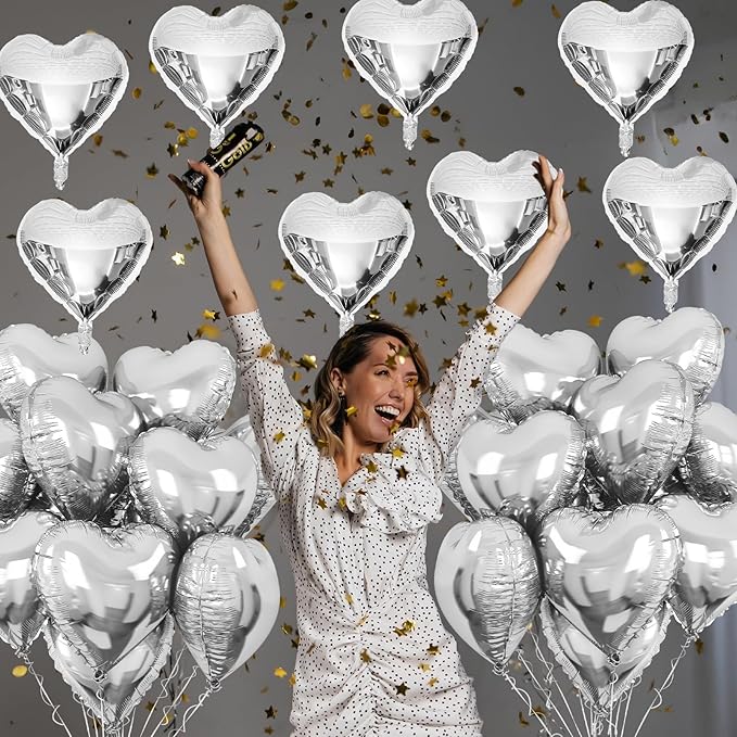 Silver Heart Foil Balloons, 10PCS 18Inch Mylar Balloons for Birthday, Valentine, Wedding, Baby, Graduation, New Year Party Decor