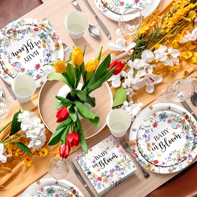 Hsei 250 Pcs Baby in Bloom Baby Shower Decorations Wildflower Plates and Napkins Set Spring Floral Party Tableware Set for 50 Guests Floral Disposable Plates Napkins Cups for Birthday Party Supplies