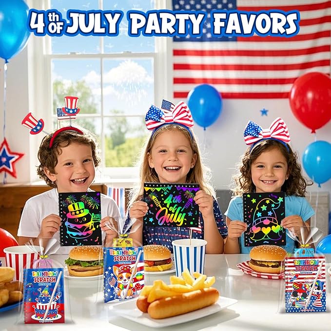 Party Favors for Kids: 24 Pack 4th of July Rainbow Scratch Art Notebook Classroom Supplies Bulk for Girls Boys Goodie Bags Stuffers, Independence Day Party Gift Kid Crafts