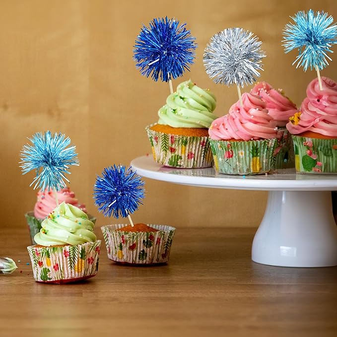 Gyufise 30Pcs Foil Firework Cupcake Toppers Sparkle Tinsel Cake Toppers Tinsel Drink Cake Decoration Cocktail Picks for Birthday Wedding Graduation Party Supplies Blue Silver