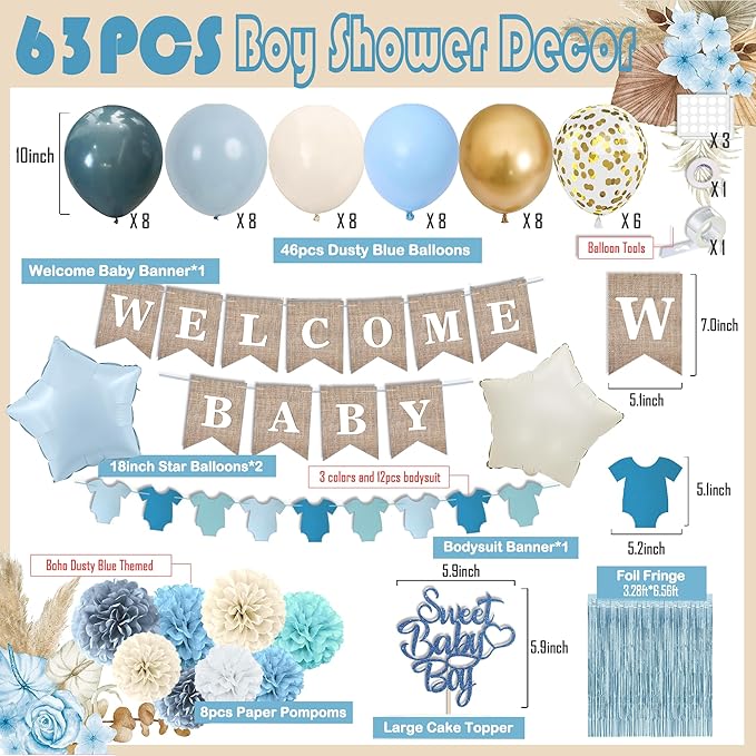Dusty Blue Baby Shower Decorations- Boy Baby Shower Decor Set with- Welcome Baby Banner, Clothes Banner, Cake Topper, Tissue Pom Poms, Dusty Blue Balloons | Boho Baby Boy Shower Decorations
