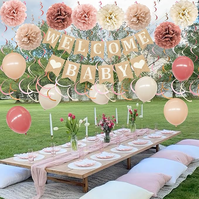 Baby Shower Party Decorations Kit Welcome Baby Heart Burlap Banner with Dusty Pink Cheesecloth Table Runner Tissue Flowers Pom Pom Felt Swirl Balloons for Boho Hello Baby Party Decorations Supplies
