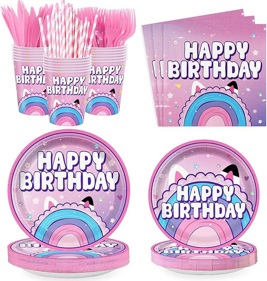 168pcs Dollhouse Birthday Party Decorations for kids Party Supplies Set Includes Plates, Napkins, Cups, Forks, Knives, for Kids 24 Guests