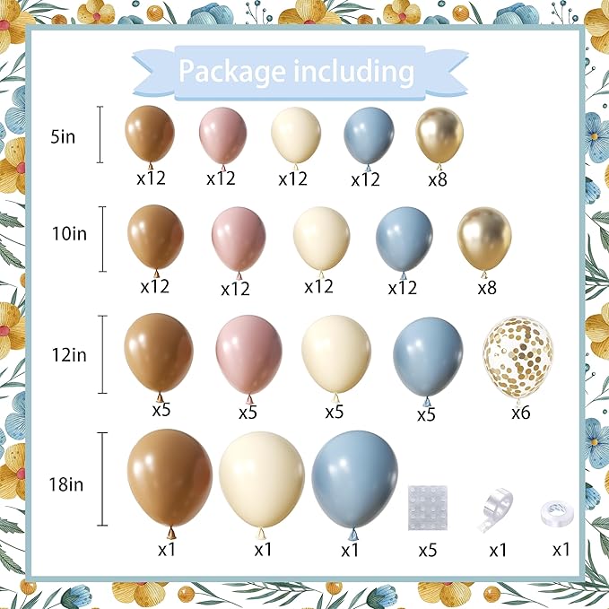 148Pcs Dusty Pink Blue Brown Yellow Balloon Arch Garland Kit, Retro Pink Dusty Blue Brown Pastel Yellow Gold Confetti Balloons for Baby Shower Wedding Engagement Birthday Party Decorations