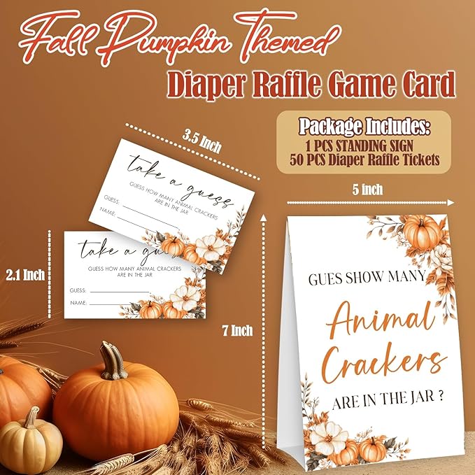 Autumn Pumpkin Guess How Many Animal Crackers - Thanksgiving Baby Shower Card Set (1 Sign With 50 Guess Cards), Fall Gender Reveal Party Favor Supplies -A05