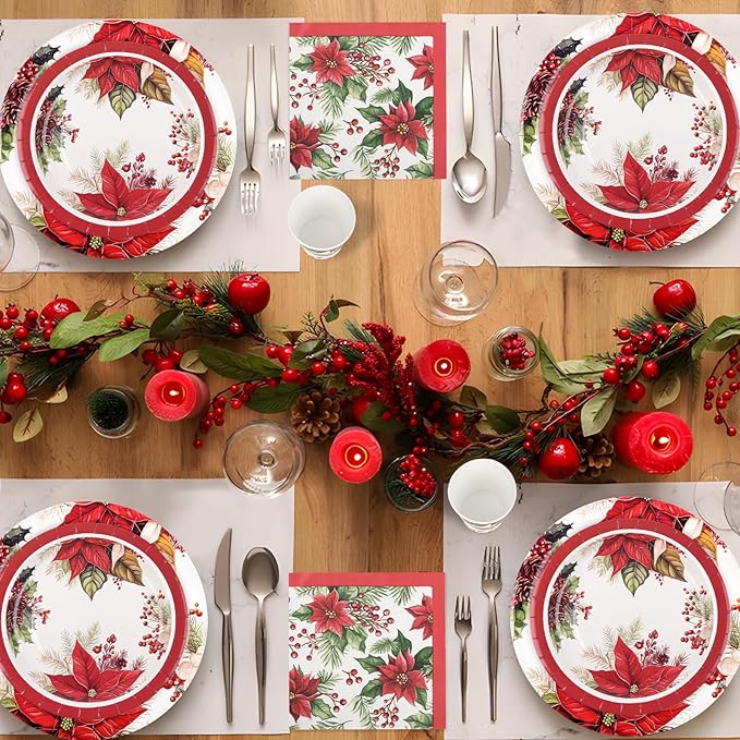 150Pcs Christmas Paper Plates and Napkins Set Christmas Poinsettia Flowers Design Disposable Holiday Plates Dinnerware for Xmas Holiday Winter Party,Serves 50