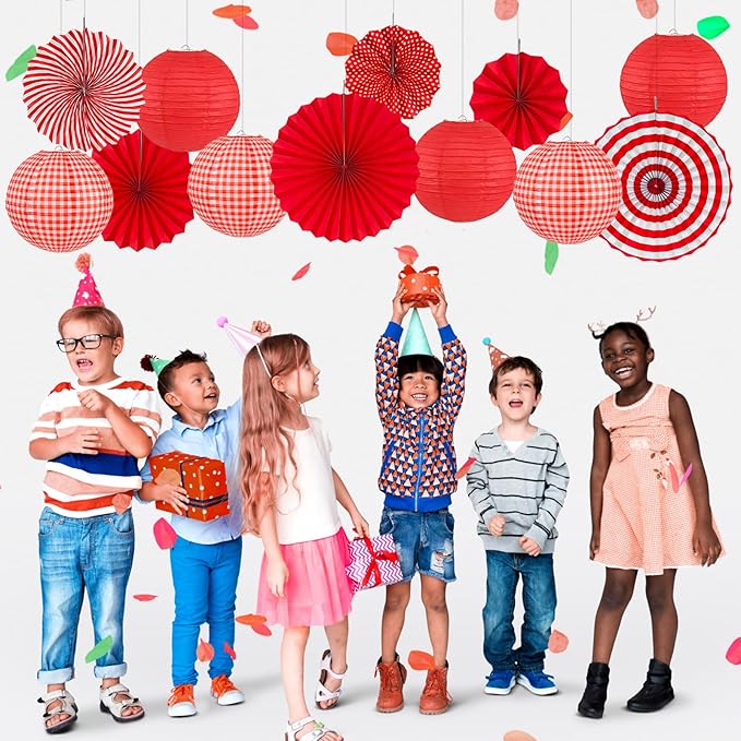 15Pcs Red Party Decorations Kit, Hanging Red Paper Lanterns Paper Fans for Home Decor Birthday Wedding Graduation Picnic BBQ Baby Shower Pizza Party Chinese New Year Decorations 2026