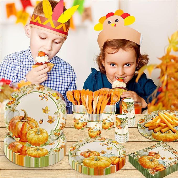 140Pcs Fall Party Supplies Tableware Set Retro Pumpkin Plates and Napkins, Thanksgiving Party Decorations Pumpkin Maple Leaf Paper Plates, Autumn Birthday Party Decor, Serve for 20 Guest