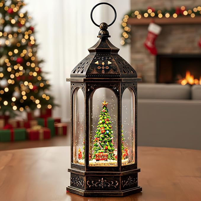 12.8'' Christmas Snow Globe, Santa Train Will Rotate Around The Christmas Tree with Musics Swirling Glitter Water Lantern Decoration for Home, Battery Operated or USB Powered