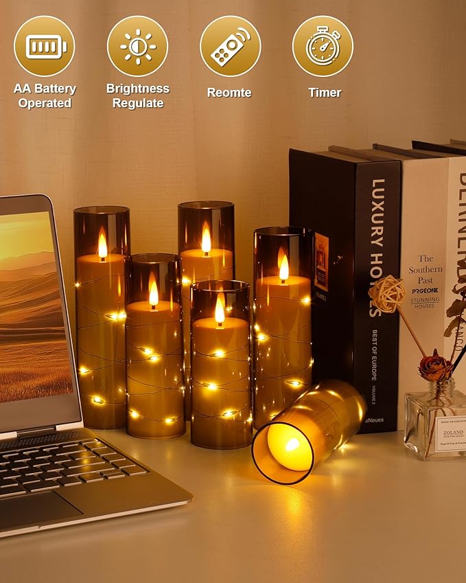 Enido 10 Pc Flameless LED Candles with Remote & Timer, Battery Operated Acrylic Pillar Set, Flickering Electric Lights with Embedded Star String for Cozy Home & Holiday Romantic Decor (Grey)