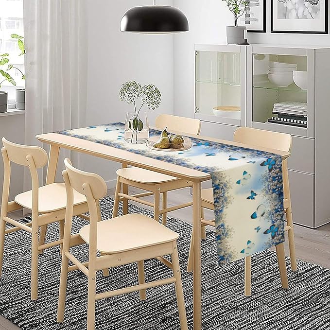 Flowers Butterfly Spring Table Runner, Blue Floral Seasonal Kitchen Dining Table Decoration for Home Party Decor 13x90 Inch