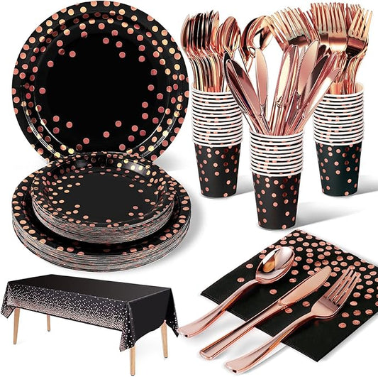 141 Pieces Black and Rose Gold Party Supplies, Disposable Party Decorations Sets Include Paper Plates Napkins Cups, Plastic Forks Knives Spoons, for Baby Shower Birthday Wedding -20 Guests