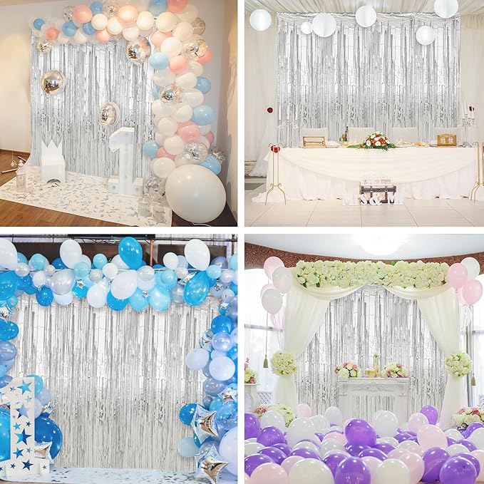 Crosize 3 Pack 3.3 x 9.9 ft Silver Foil Fringe Backdrop Curtain, Streamer Backdrop Curtains, Streamers Birthday Metallic Paper Party Decorations, Tinsel Curtain for Parties, Photo Booth Backdrops