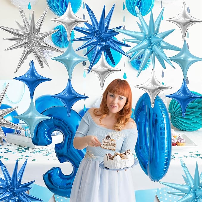 Blue Silver Star Balloons Kit with 6pcs 22in Cone Foil Balloons and 10pcs 10in Four Pointed Star Balloons for Birthday Anniversary Disco Party Decorations