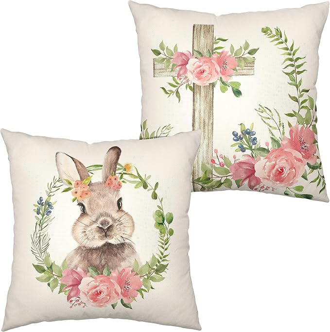 Easter Pillow Covers Bunny Cross Floral Throw Pillow Covers Spring Flowers Wreath Decorative Pillow Case 24x24 Pink Rose Cushion Covers for Couch Outdoor Patio Living Room