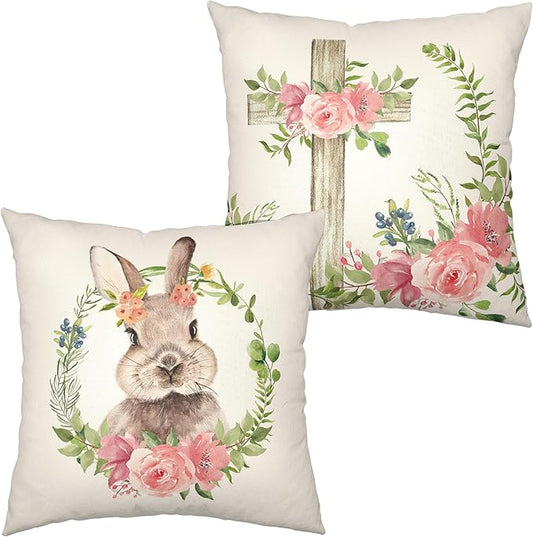 Easter Pillow Covers Bunny Cross Floral Throw Pillow Covers Spring Flowers Wreath Decorative Pillow Case 24x24 Pink Rose Cushion Covers for Couch Outdoor Patio Living Room