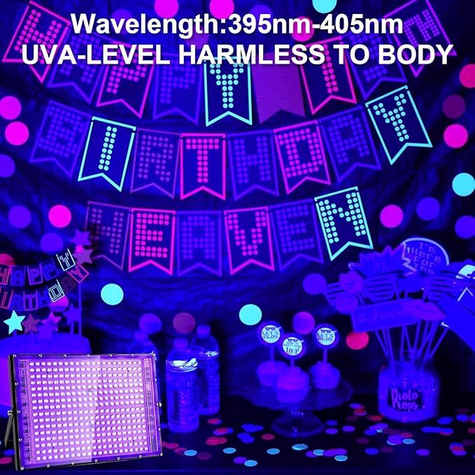 4 Pack 300W Black Lights, Blacklight Flood Light with Plug and Switch,for Glow Party, Black Light Party, Halloween, Body Paint, Neon Glow, Stage Lighting, Fluorescent Poster