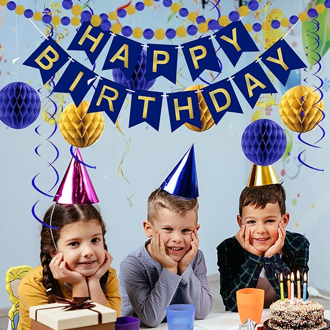 Blue Birthday Decorations, Happy Birthday Banner with Honeycomb Balls, Circle Dot Garland and Hanging Swirl Decorations for Women Men Boys Girls (Blue Gold)