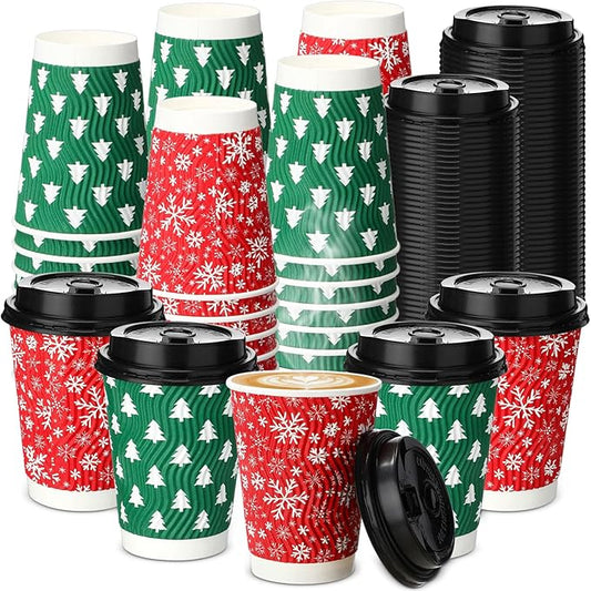 Pickmesh 100 Pcs Disposable Christmas Coffee Cups with Lids 12 oz Corrugated Paper Cups Red and Green Xmas Tree Snowflake Drinkware for Xmas Winter Holiday Hot and Cold Beverages Home Party Supplies