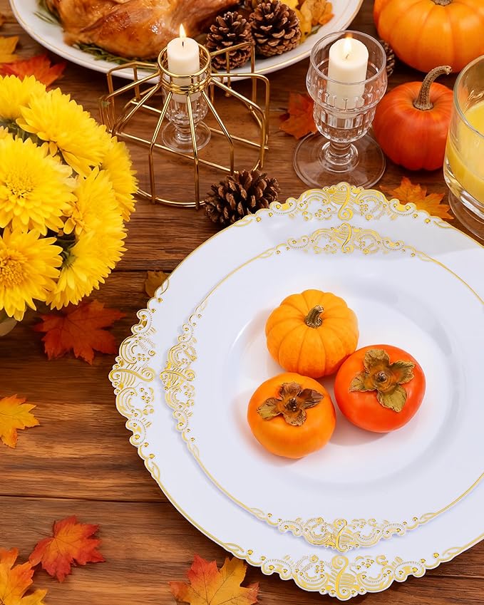 Nervure 175PCS White and Gold Plastic Plates - Disposable Dinnerware Set Include 50 Gold Plates for Dinner and Dessert, 75 Cutlery, 25Cups 25Napkins for Wedding & Party & Thanksgiving