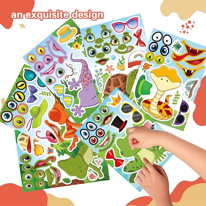 36 PCS Make a face Sticker for Kids Toddlers, Make Your Own Reptile Animal Mix and Match Sticker with Snakes, Lizards, Frogs, Turtles, Kids Party Favor Craft Supplies