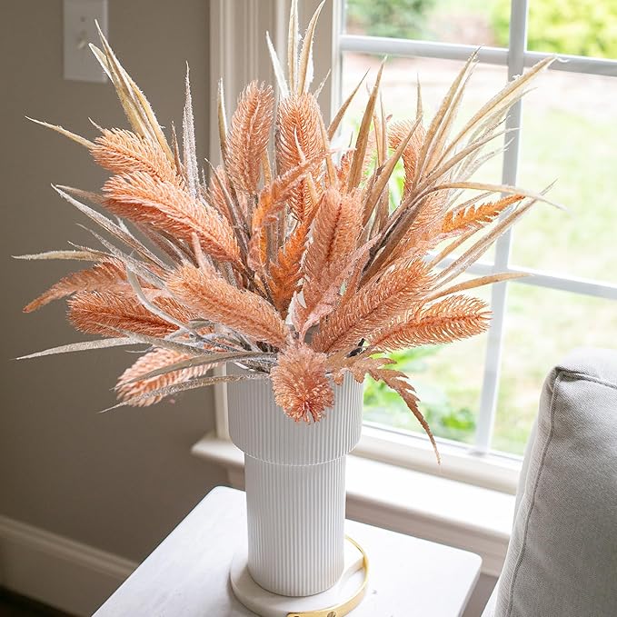 7 PCS Christmas Stems for Vases, 26 in Faux Stems Fake Plants Winter Stem Greenery Branches Fake Leaves Faux Foliage for DIY Craft Garland Home Kitchen Office Indoor Centerpiece Table Decor, Orange