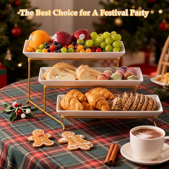 LYEOBOH 3 Tier Serving Stand and Platters Set Large Tiered Serving Platters with Collapsible Sturdier Rack 14 Inches Tiered Serving Tray for Appetizer Fruit, Dessert and Cupcake, White