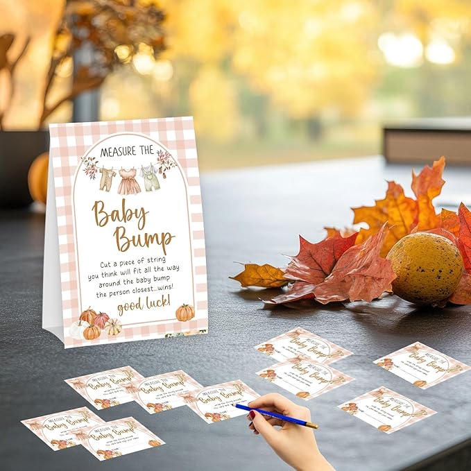 Pumpkin Measure The Baby Bump - Thanksgiving Baby Shower Card Set (1 Sign With 50 Guess Cards), Fall Gender Reveal Party Favor Supplies -A21