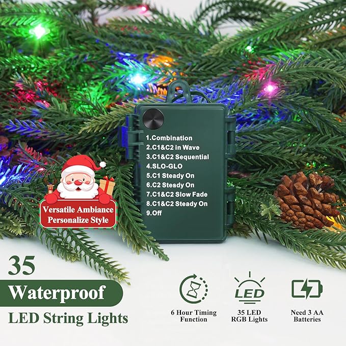 2Pcs Pre-lit Christmas Garland, 6FT Real Touch Lighted Norfolk Pine Garlands Battery Operated for Christmas Decorations with 35 LED RGB/WW String Lights, 8 Lighting Modes & Timer Function