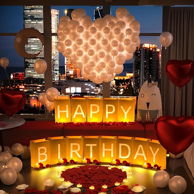 Happy Birthday Decorations, Include Light up Letters, with Tea Lights Candles, Latex Balloons, Aluminum Balloons and Rose Petals, Special Festival, Surprise Gifts Banner for Women and Men