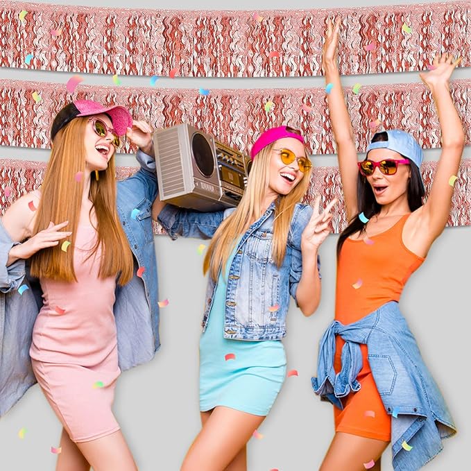 6 Pack 10 Feet Rose Gold Wave Foil Fringe Garland Metallic Tinsel Streamers Banner Wall Hanging Curtain Backdrop for Parade Floats, Mother's Day, Easter, Bachelorette, Wedding Party Decoration