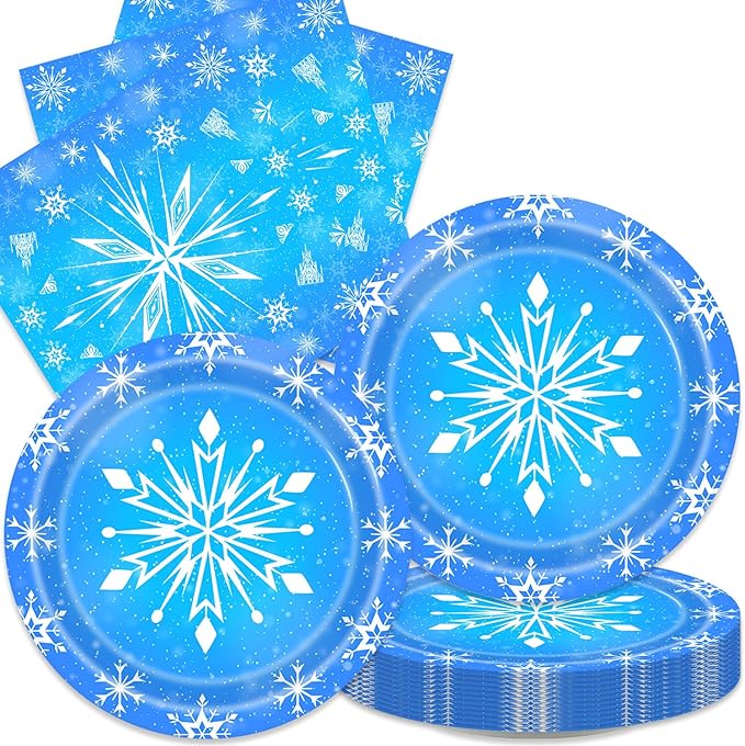 40Pcs Frozen Snowflake Birthday Party Decorations Blue and White Snowflake Plates Napkins Winter Party or Baby Shower Supplies Set for 20 Guests