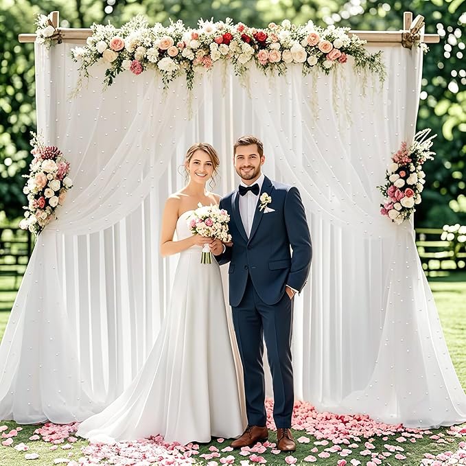 10 * 8FT White Pearl Tulle Double Layered Backdrop Curtain with Lights String and Lining Fabric for Wedding Baby Shower Birthday Parites Photo Decorations