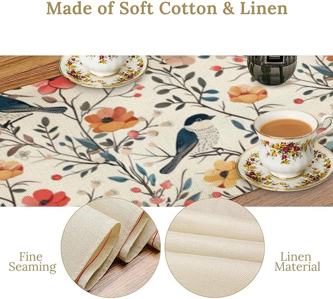 Spring Bird Floral Table Runner,Birds Table Runner Burlap Table Decoration for Summer Seasonal Home Kitchen Dining Dinner Indoor Holiday Farmhouse Decor 13x60 Inch