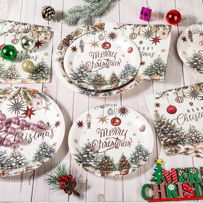 150Pcs Christmas Plates and Napkins Set, Farmhouse Disposable Holiday Dinnerware with Merry Tree & Ornaments, Christmas Paper Plates for Xmas Winter Party, Serves 50