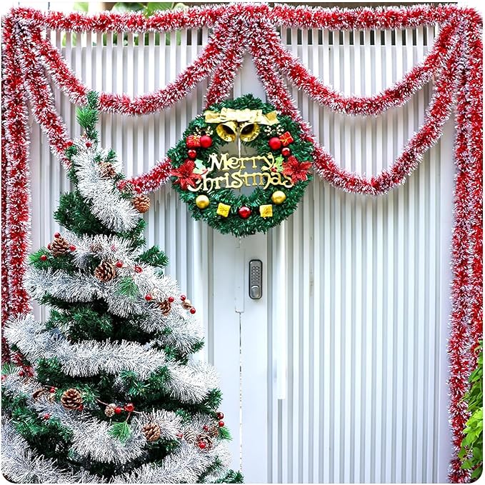 50Ft Christmas Tinsel Garland, Red Snowflake Metallic Twist Garland for Xmas Tree Decorations, Tinsel for New Year Party Ceiling Hanging Decorations Indoor and Outdoor Decor