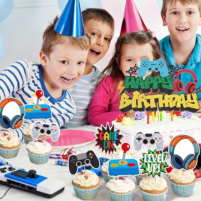 49 PCS Video Game Cupcake Toppers Birthday, Glitter Video Game Theme Cake Topper, Decorations Cake Decor Party Supplies for Games Fans Kids and Men Birthday Sign Decor