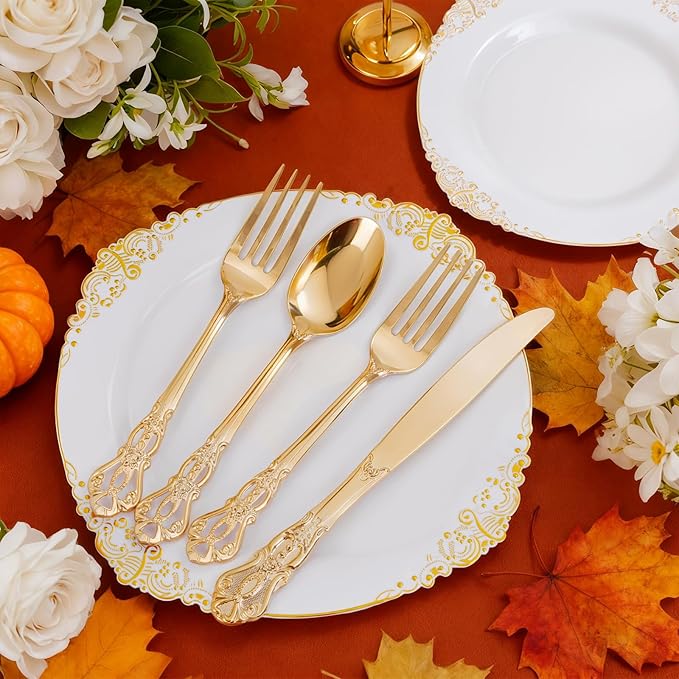 Ciaell 300PCS White and Gold Plastic Plates - Gold Disposable Dinnerware Sets for 50 Guests - 100 Plates, 50 Knives, 50 Forks, 50 Spoons, and 50 Napkins for Wedding, Anniversary, Party & Thanksgiving