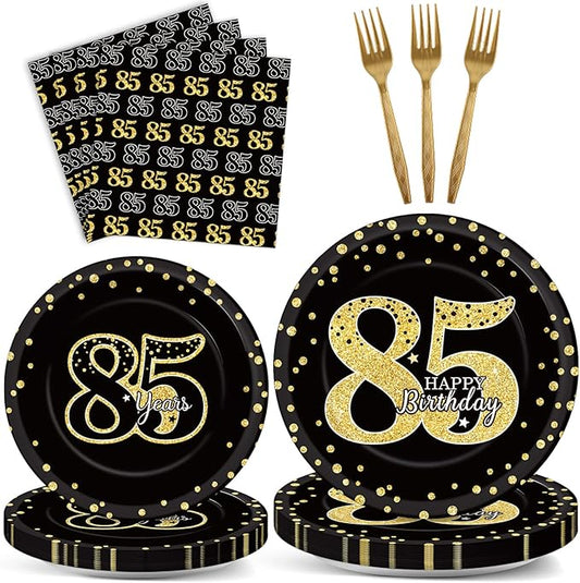 96 Pcs 85th Birthday Party Supplies - Tableware Plates, Cheers to 85 Years Table Decorations, Dinnerware, Happy 85th Birthday Party Favor for 24 Guests