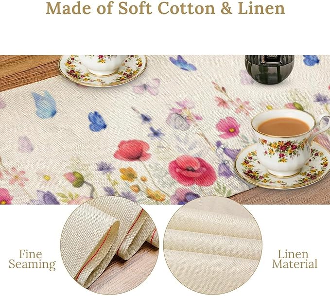 Butterfly Table Runner, Wildflowers Floral Butterfly Table Decoration Seasonal Summer Home Kitchen Dining Table Indoor Outdoor Farmhouse Decor 13x70 Inch