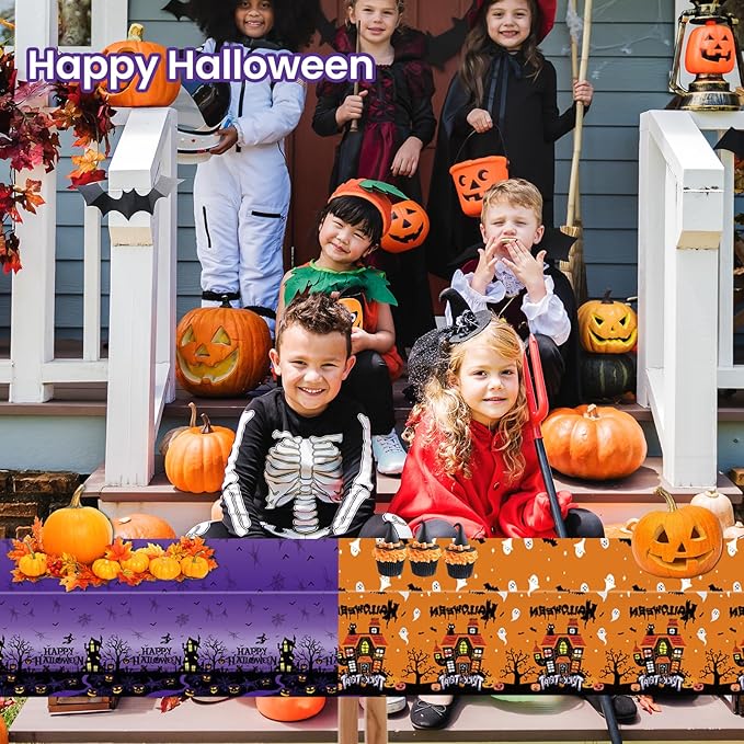 2 PCS Halloween Tablecloth Disposable Plastic - Spooky Plastic Table Cloths Purple Black & Orange Black with Scary Bat Ghost House Spiderweb Rectangular Table Cover for Party Decorations, 54"x108"